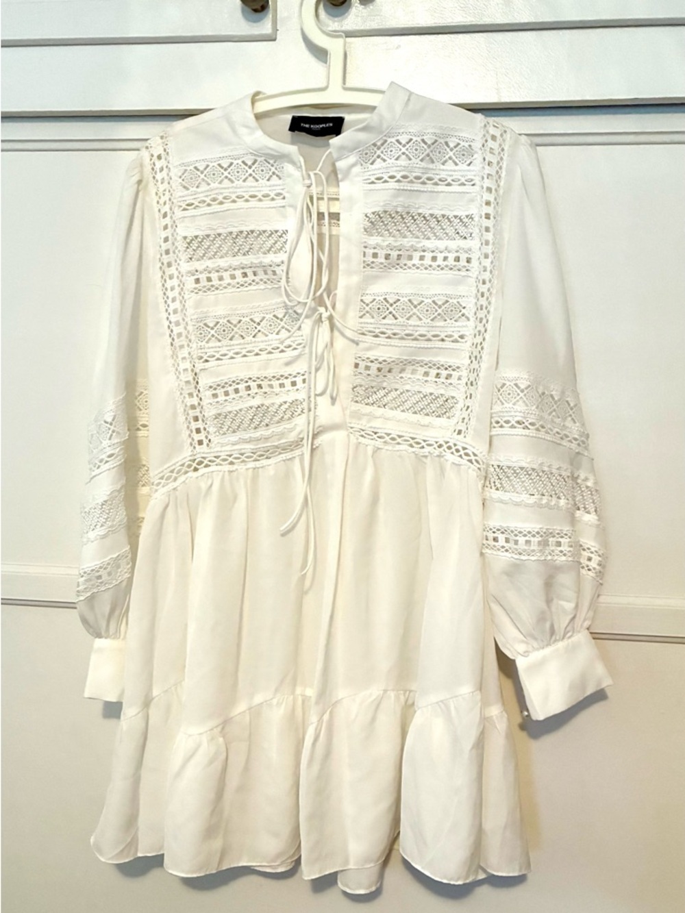 The Kooples White Lace Boho Cotton Summer Cottagecore Mini Long Sleeve Dress